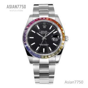 Datejust 41 Black Dial Stick Markers with Rainbow Diamond Bezel in Steel on Oyster Bracelet