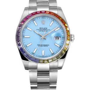 Datejust 41 Tiffany Blue Dial Stick Markers with Rainbow Diamond Bezel in Steel on Oyster Bracelet