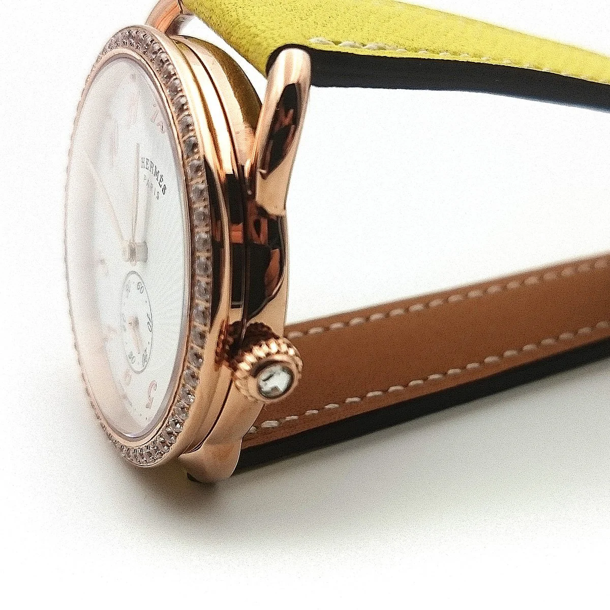 Arceau Petite Rose Gold with Diamond Bezel on Yellow Epsom Leather Strap