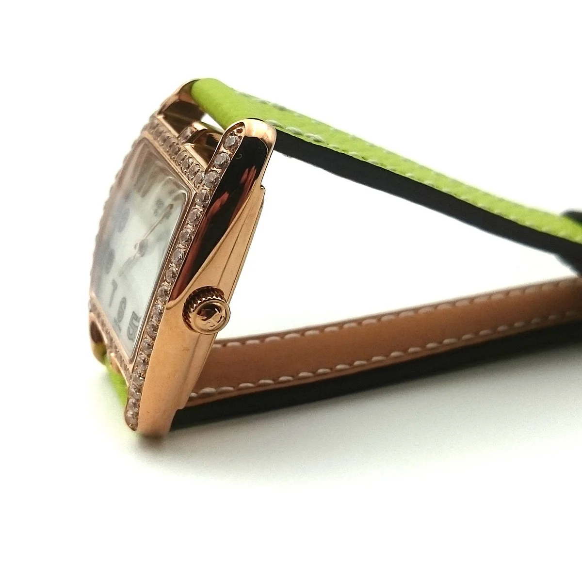 Cape Cod Tonneau Rose Gold with Diamond Bezel on Green Epsom Leather Strap