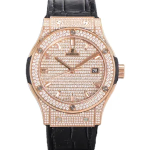 Classic Fusion Automatic 42mm Diamond Paved Dial in Rose Gold on Brown Leather Strap