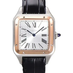 Santos-Dumont (Large) Silver Dial in Steel/Rose Gold on Black Leather Strap Ref. W2SA0011